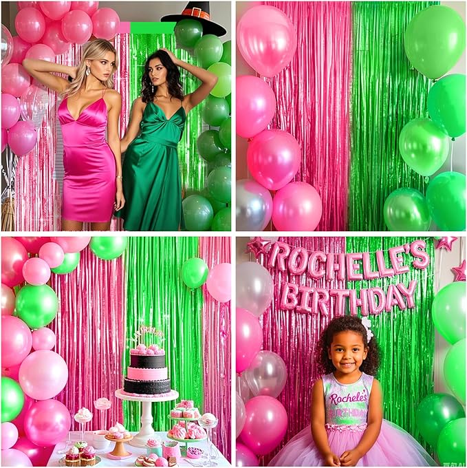 4 Packs Pink and Green Foil Fringe Curtain, Pink Green Metallic Tinsel Backdrop for Birthday, Baby Shower, Princess Bachelorette Party, Witch Party Decorations Supplies