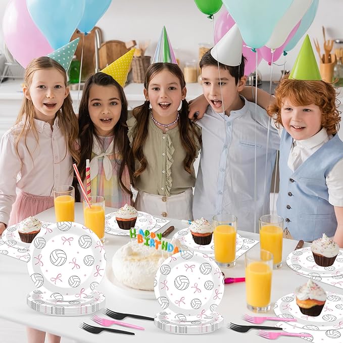 96PCS Volleyball and Bow Party Paper Plates and Napkins for Sports Themed Party Dessert Cake Plates Disposable Decor Pink Bow Volleyball Parties Set for Boys Girls Birthday Gatherings Decorations