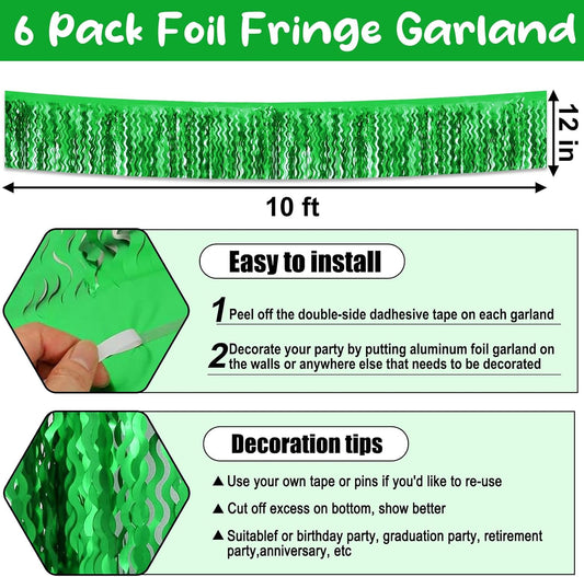 6 Pack 10 Feet Green Wave Foil Fringe Garland Metallic Tinsel Streamers Banner Wall Hanging Curtain Backdrop for Parade Floats, Mother's Day, Easter, Wedding, Birthday Party Decoration