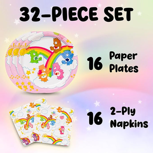 Silver Buffalo Care Bears Featuring Grumpy, Good Luck, Tenderheart, Love-A-Lot, Friend, Cheer, and Birthday 32 Pack Partyware Disposable Paper Plates and Napkins