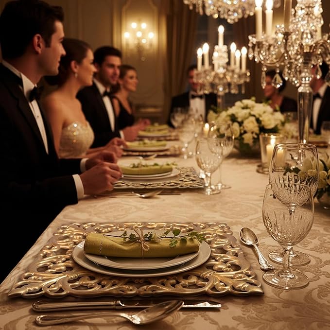 JEVERGN 12 Pack Gold Charger Plates, 12" Square Chargers for Dinner Plates, Gold Plate Chargers with Embossed Rims, Plastic Charger for Wedding, Party Event, Dinner, Table Setting