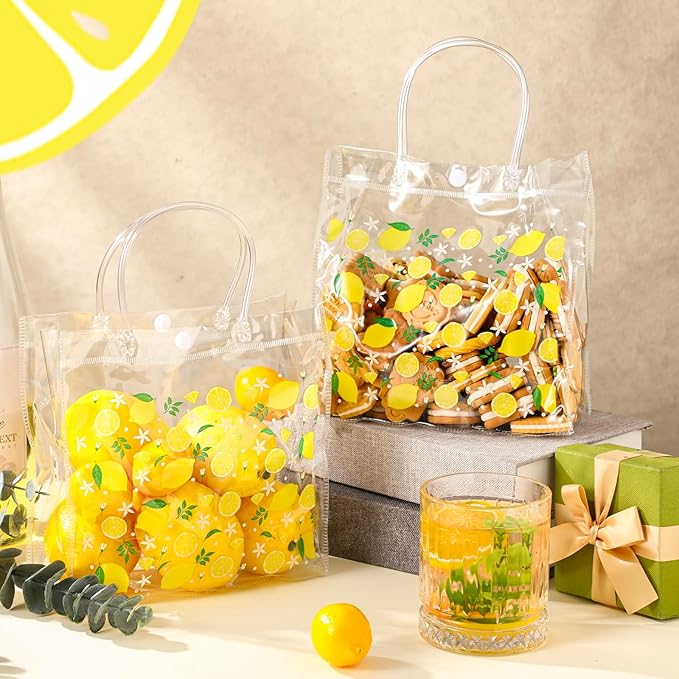 Tioncy 24 Pcs Lemon Party Favor Bags PVC Gift Snacks Bags She Found Her Main Squeeze Bridal Shower Party Favors with Handles Clear Lemon Theme Treat Goodies for Wedding Summer Supplies