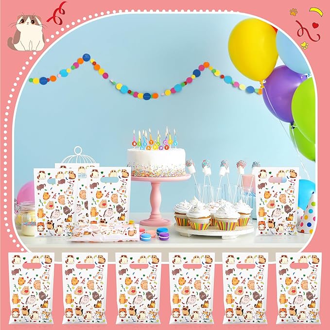 Supervitae 100 Pcs Cat Party Favor Bags Cute Kitten Plastic Goodies Bags Bulk with Handles for Cat Themed Birthday Animals Pet Paw Snacks Cookies Candy Treat Decoration Supplies