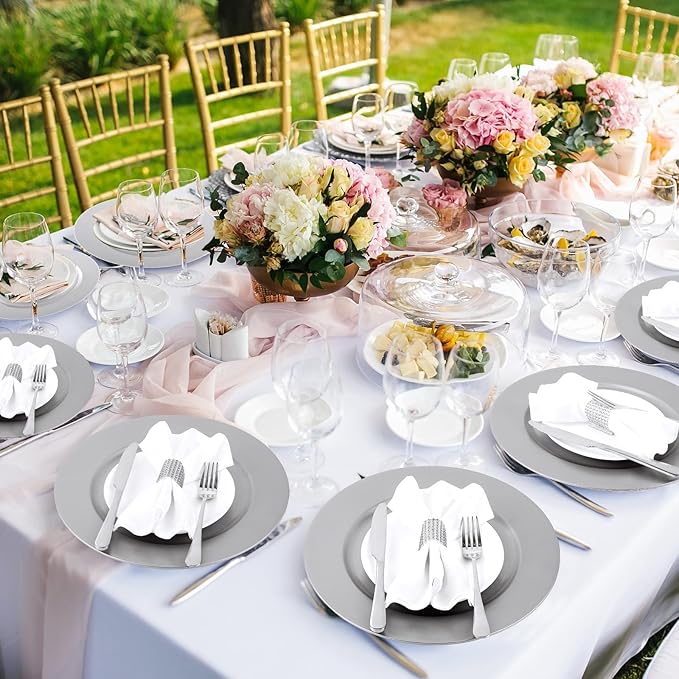 Tanlade 50 Pcs 13 Inch Charger Plates Bulk Round Wedding Chargers Plastic Dinner Plates for Table Setting Wedding Party Decoration (Silver White)