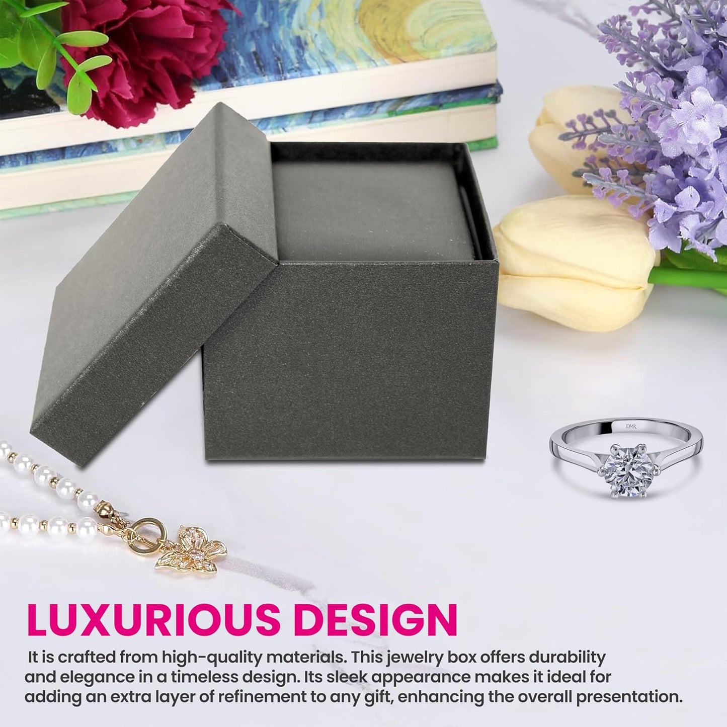 Novel Box Silver Jewelry Box for Rings 2.37x2.37x1.87 Inches - Tab Ring Gift Box for Proposal Wedding Engagement - Faux Leatherette Jewelry Display Box - Gift Presentation Boxes for Rings