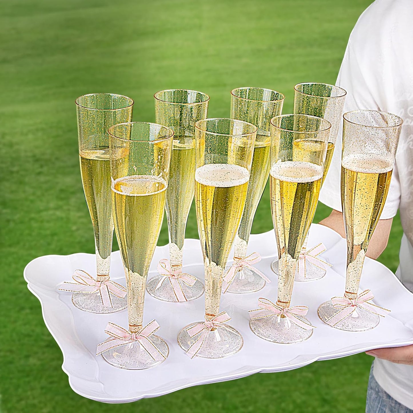 WDF 36 Pack Gold Glitter Plastic Champagne Flutes - 7OZ Disposable Gold Champagne Glasses Plastic for Thanksgiving Party, Wedding, New Year