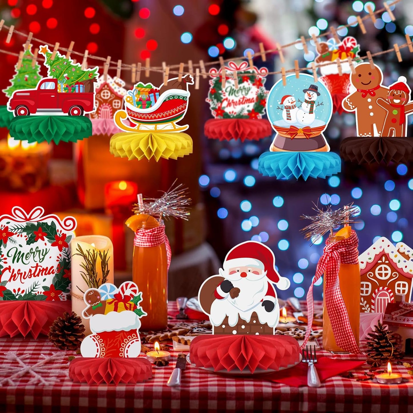 Merry Christmas Party Decorations Bundle - Includes Festive Christmas Honeycomb Centerpieces ,Santa Claus Snowman Table Toppers, Perfect for Classroom Decor, Christmas & Winter Birthday Party Supplies