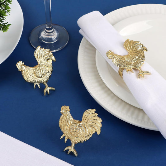 Set of 12 Rooster Napkin Rings for Farmhouse Table Decor | Premium Metal Chicken Dinnerware Holders | Rustic Kitchen & Holiday Party Table Setting (Gold) - ALPHA Living HOME