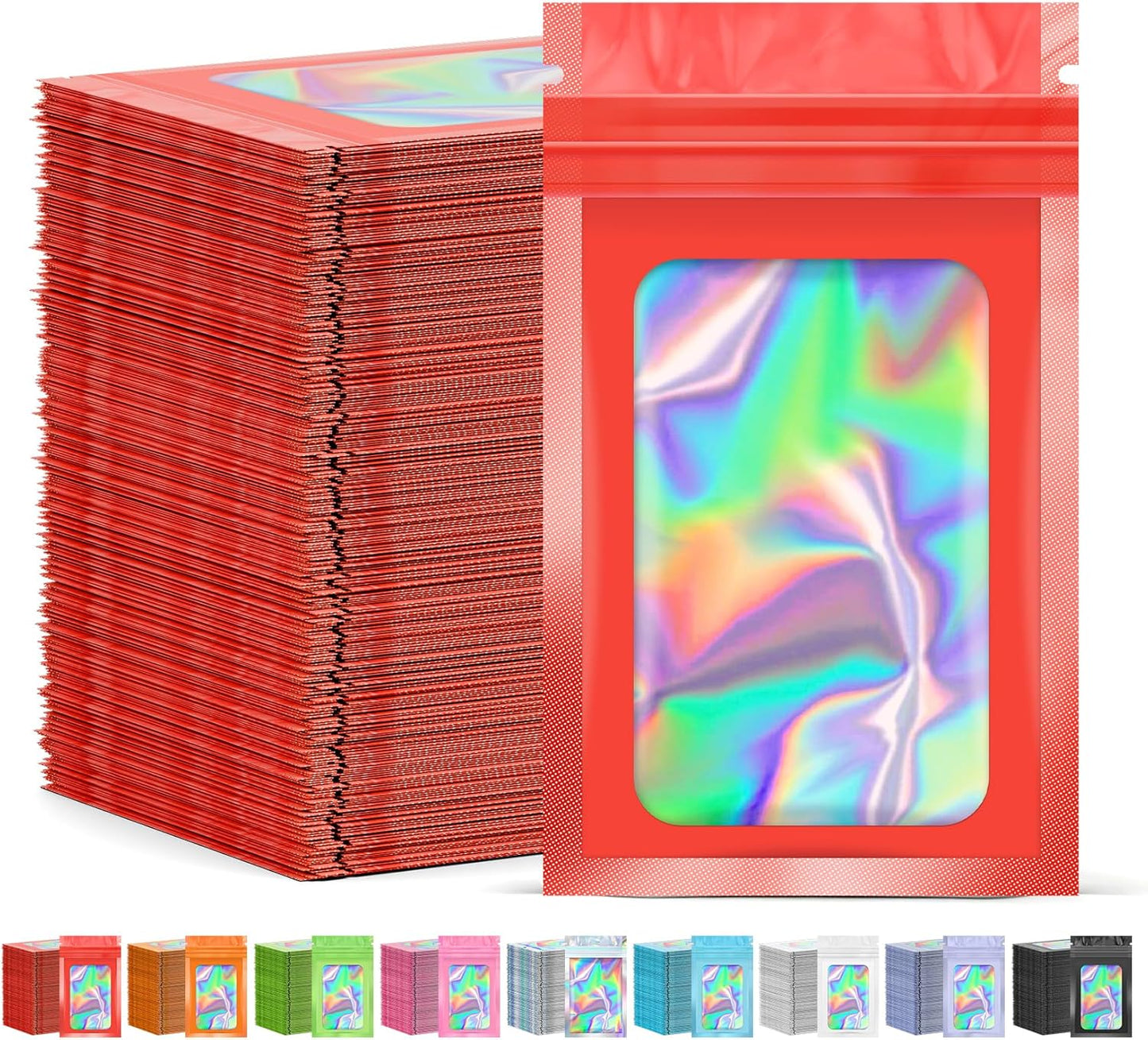 300 Pcs Mylar Bags, Smell Proof Bags Foil Pouch, Holographic Resealable Bags for Small Business, Candy Sample Jewelry Bag Sealable Packaging for Party Favor Food Storage (2.4x3.9in-Red)