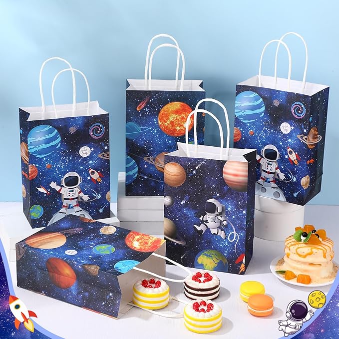 Gaillty 24 Pcs Outer Space Party Favor Bags Galaxy Goodie Gift Bags with Handles Kraft Paper Solar Treat Candy Totes for Astronaut Science Themed Birthday Party Supplies Decorations