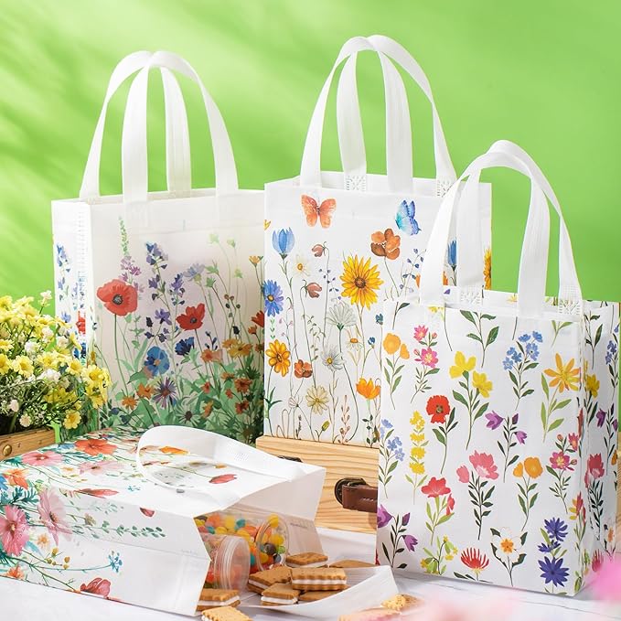 Wesnoy 24 Pcs Floral Gift Bags with Handle Wildflower Reusable Non Woven Tote Bags for Wedding Birthday Party Favor Supplies