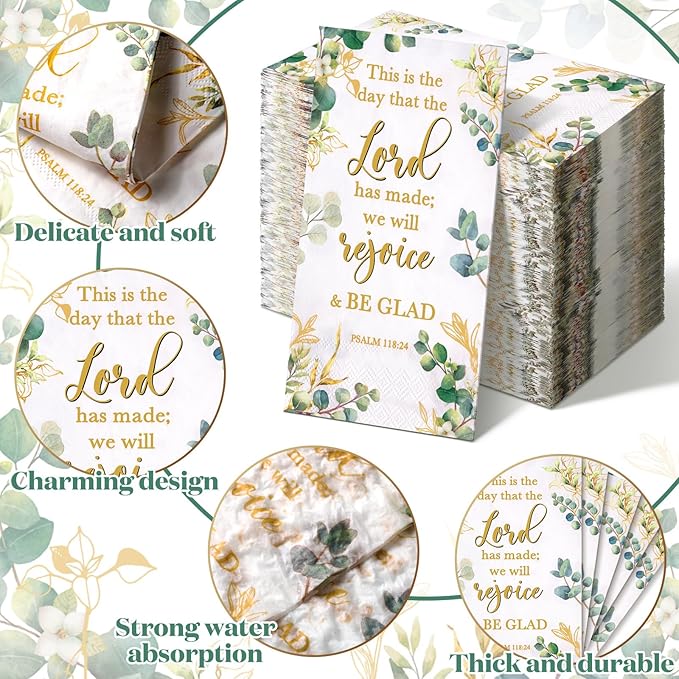 Karenhi 200 Pcs Religious Decorative Disposable Napkins 2 Ply Christian Disposable Hand Towels for Bathroom Bible Verse Paper Napkins Baptism Paper Towel for Wedding(Eucalyptus)