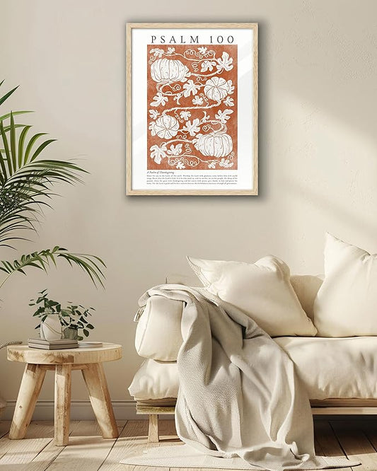 EcoHest Fall Botanical Pumpkins Framed Wall Art, 12x16 in OAK Wood Christian Psalm 100 Canvas Wall Art, Beige Logs A Psalm of Thanksgiving Home Decor Set of 1 for Bedroom Living Room