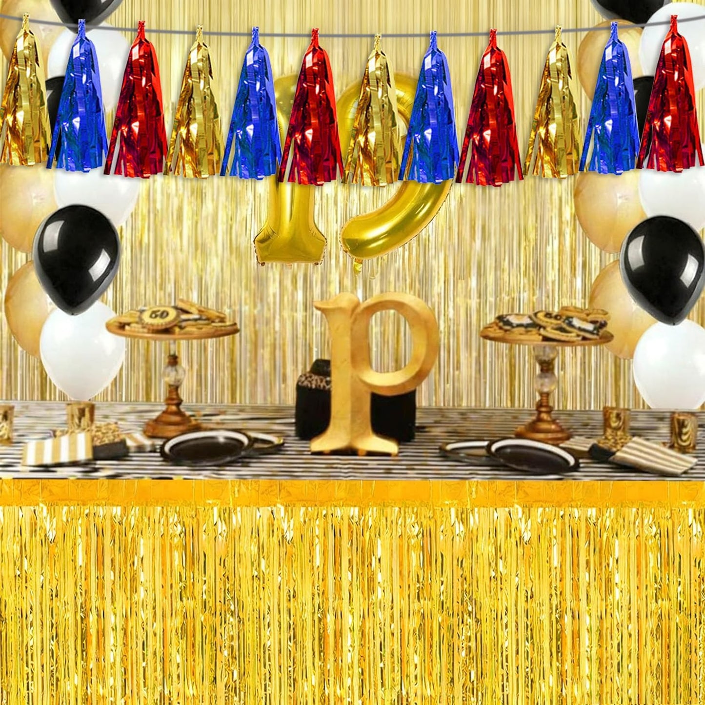 4P Gold Blue Red Tassel Banner Garland Metallic Foil Fringe Banner Tinsel Tassels Streamer Banner Backdrop for Parade Floats Graduation, Halloween, Christmas, Baby Bridal Shower Party Decorations