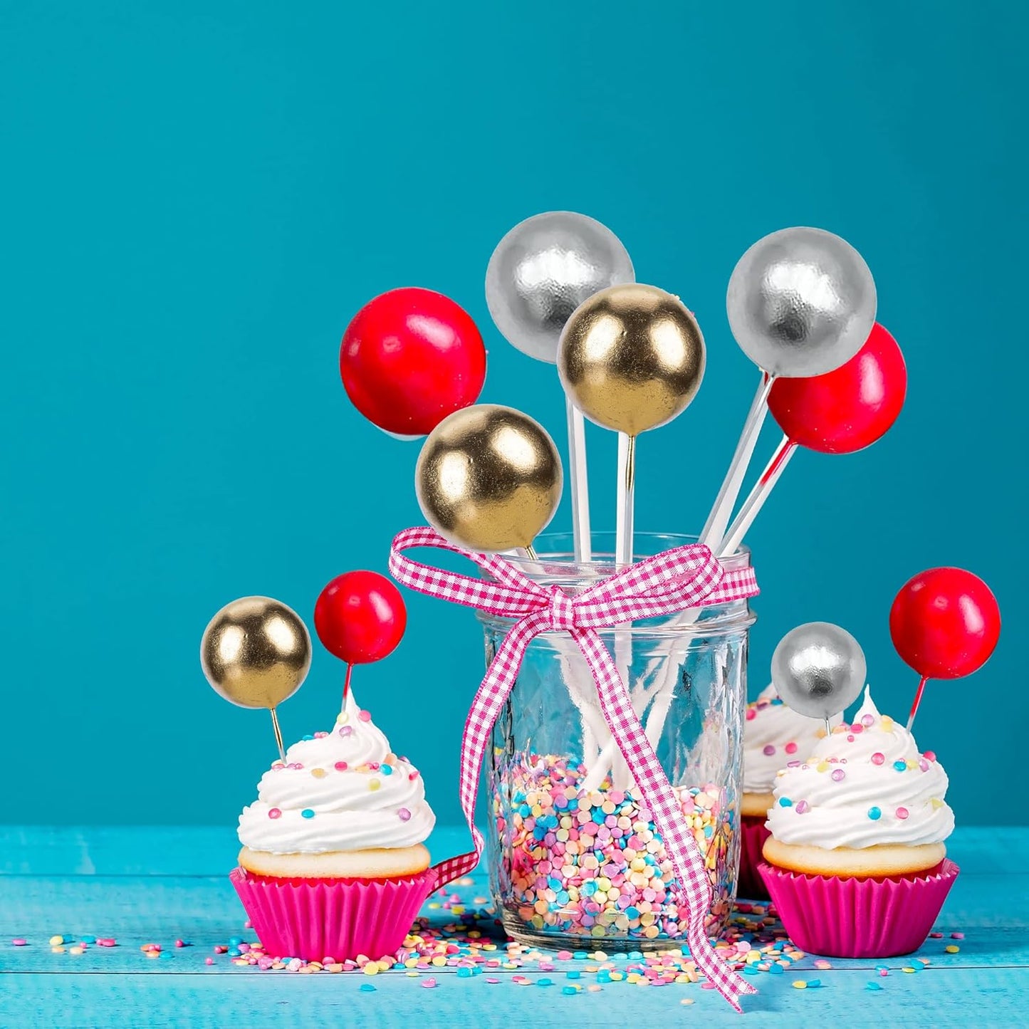 Gyufise 30Pcs Christmas Mini Balloon Cake Topper Foam Ball Cake Picks Cupcake Faux Pearl Balls DIY Cake Insert Topper Decoration for Anniversary Graduation Birthday Party Baby Shower Red Gold Silver