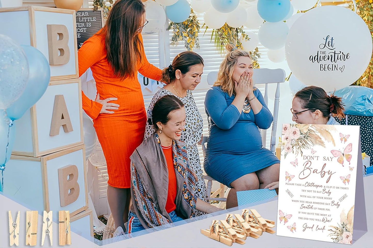 Don't Say Baby Baby Shower Game,Boho Pampas Butterfly Baby Shower Decoration,Rustic Baby Shower Decorations,Neutral Baby Shower Decoration,Baby Shower Game Ideas,1 Sign & 50 Mini Clothespins Set-B19