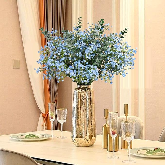 DEEMEI 18pcs Babys Breath Artificial Flowers Fake Eucalyptus Leaves Flowers Bouquet Artificial Blue Gypsophila Bouquets Real Touch Faux Flowers for Wedding Floral Arrangement Party Home Decoration