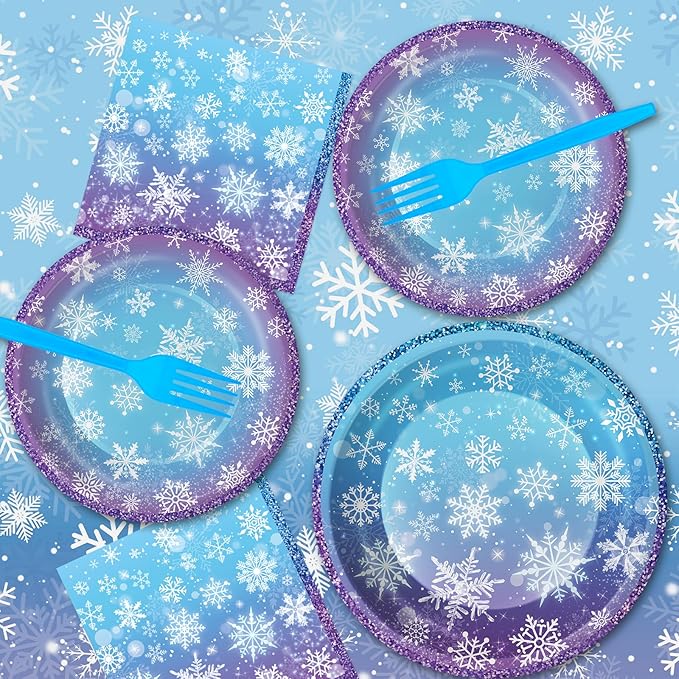 100 Pcs Frozen Plates and Napkins Sets - Snowflake Round Tableware, Disposable Winter Paper Dessert Plates and Napkins Forks for Christmas Winter Wonderland Party Supplies Table Decor, Serves 25
