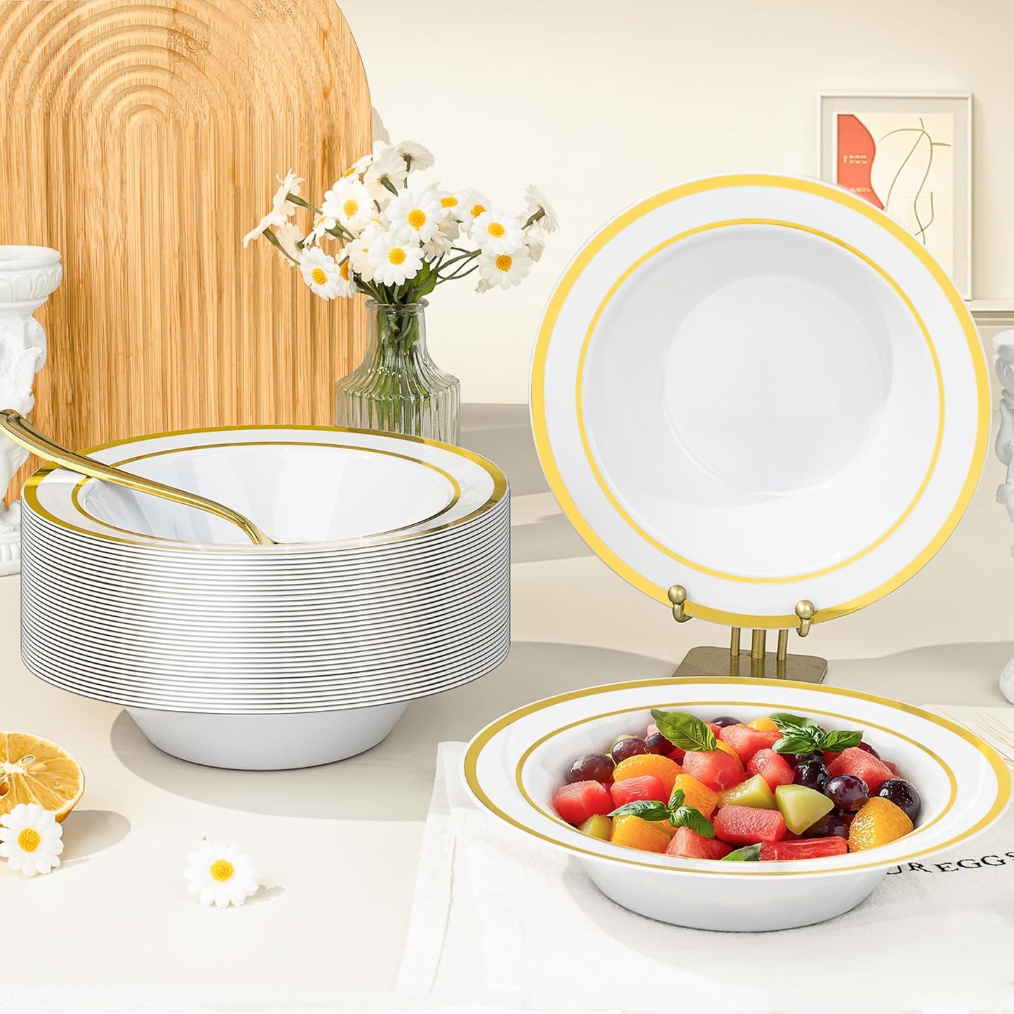 BESTVIP 100 Pack Plastic Bowls with Gold Rim, 12 oz Disposable Soup Bowls, Heavy-duty Dessert Salad Bowl for Party, Wedding, Christmas, Thanksgiving, Dinner, Catering