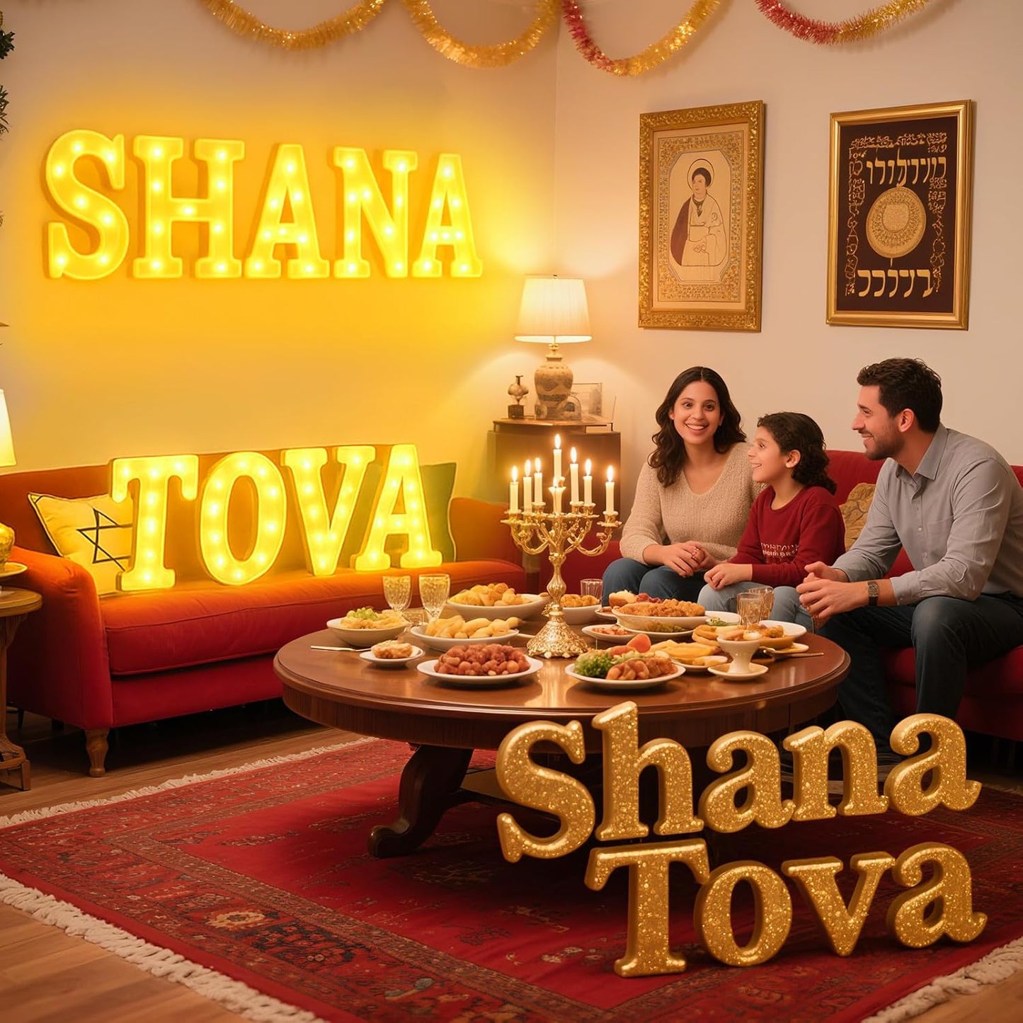 9 Pcs Shana Tova Large LED Letter Signs Rosh Hashanah Decor LED Lights Battery Powered Shana Tova Party Table Decorations for Party Rosh Hashanah Tabletop Decorations