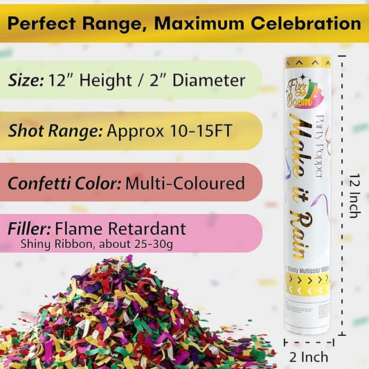 2 Pack 12 Inch Multicolor Confetti Poppers | Metallic Foil Multicolor Confetti Popper Set for Wedding, Birthday Party Celebrations | Releases 15 ft in the Air