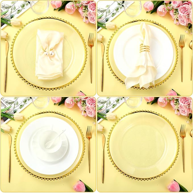 Hoolerry 12 Pack Clear Charger Plates Bulk 13 Inch Plastic Round Beaded Dinner Chargers Acrylic Frosted Grain Decorative Service Plates for Wedding Party Event, Home and Kitchen Tabletop (Gold)