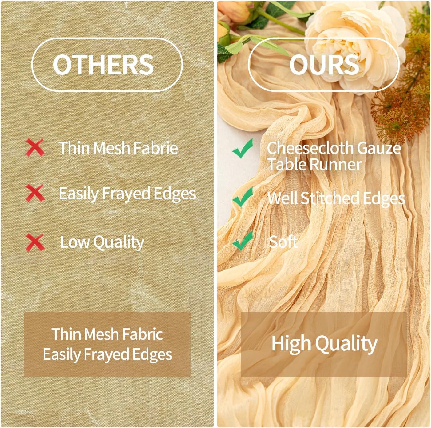 6 Pack Beige Cheesecloth Table Runner 120 Inch Boho Gauze Table Runner Long Sheer Fabric for Wedding Birthday Party Baby Shower Centerpiece Decoration