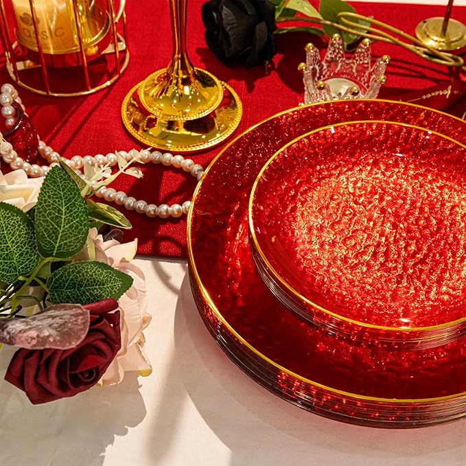 Rubtlamp 60 Pcs Red Plasitc Plates, Gold Red Disposable Plates, Fancy Party Plates, Hammered Plastic plates Include 30 Dessert Platos, 30 Dinner Platos for Party