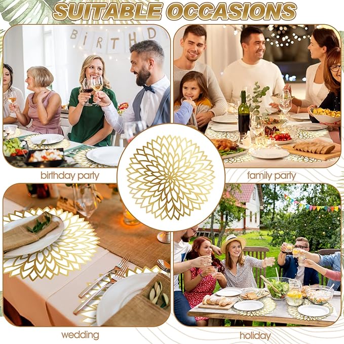 Sinmoe 100 Pack Disposable Paper Placemats Bulk 13 Inch Paper Charger Place Mat Party Charger Plates Table Place Mats for Dinner Wedding Birthday Baby Shower Spring Dining Tableware(Golden Print)