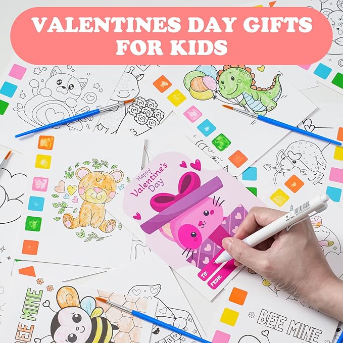 Valentines Day Gifts for Kids 24 Pack Watercolor Coloring Books with Valentines Day Cards Valentine Crafts for Boys Girls Toddlers Valentine Classroom Prizes School Gift Exchange Party Favors Supplies