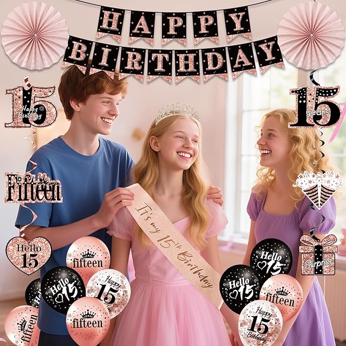 15th Birthday Decorations for Girls, 33pcs Black Rose Gold Happy 15th Birthday Banner 15 Birthday Crown and Sash Balloons Backdrop Hanging Swirls Paper Fans, 15 Years Old Party Supplies Kit