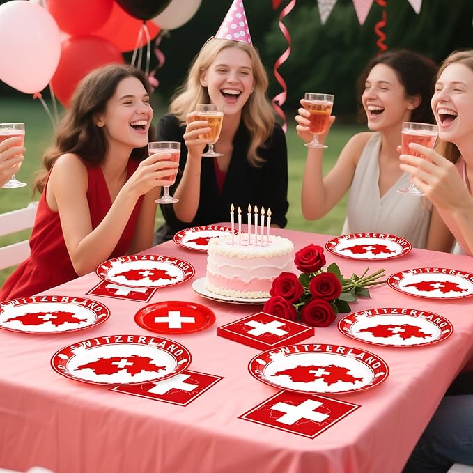 Grencian 96Pcs Switzerland Party Supplies Swiss Flag Plates and Napkins Disposable Switzerland Paper Plates Swiss National Day Decorations Tableware Kit for Travel, Cultural or Themed Events