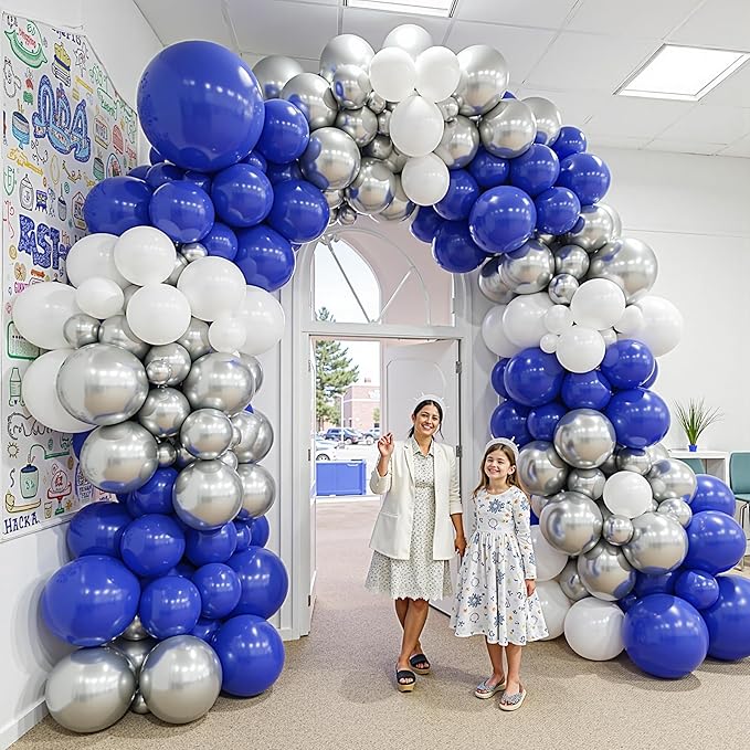412Pcs Blue White Silver Balloon Arch Kit,18 12 10 5 Inch Different Size Royal Blue and White Balloons for Graduation Birthday Wedding Party Decorations