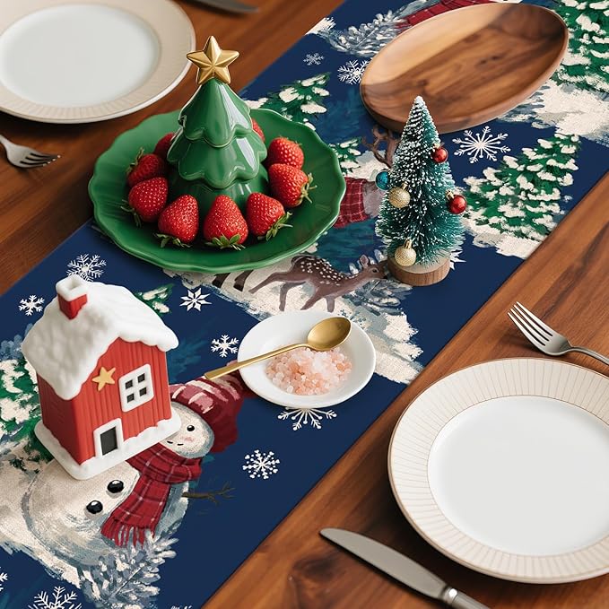 Artscope Reindeer Snowman Christmas Tree Table Runner, Xmas Winter Snowflakes Holiday Kitchen Dining Table Decoration for Christmas Home Party Decor 13x36 Inch-Blue