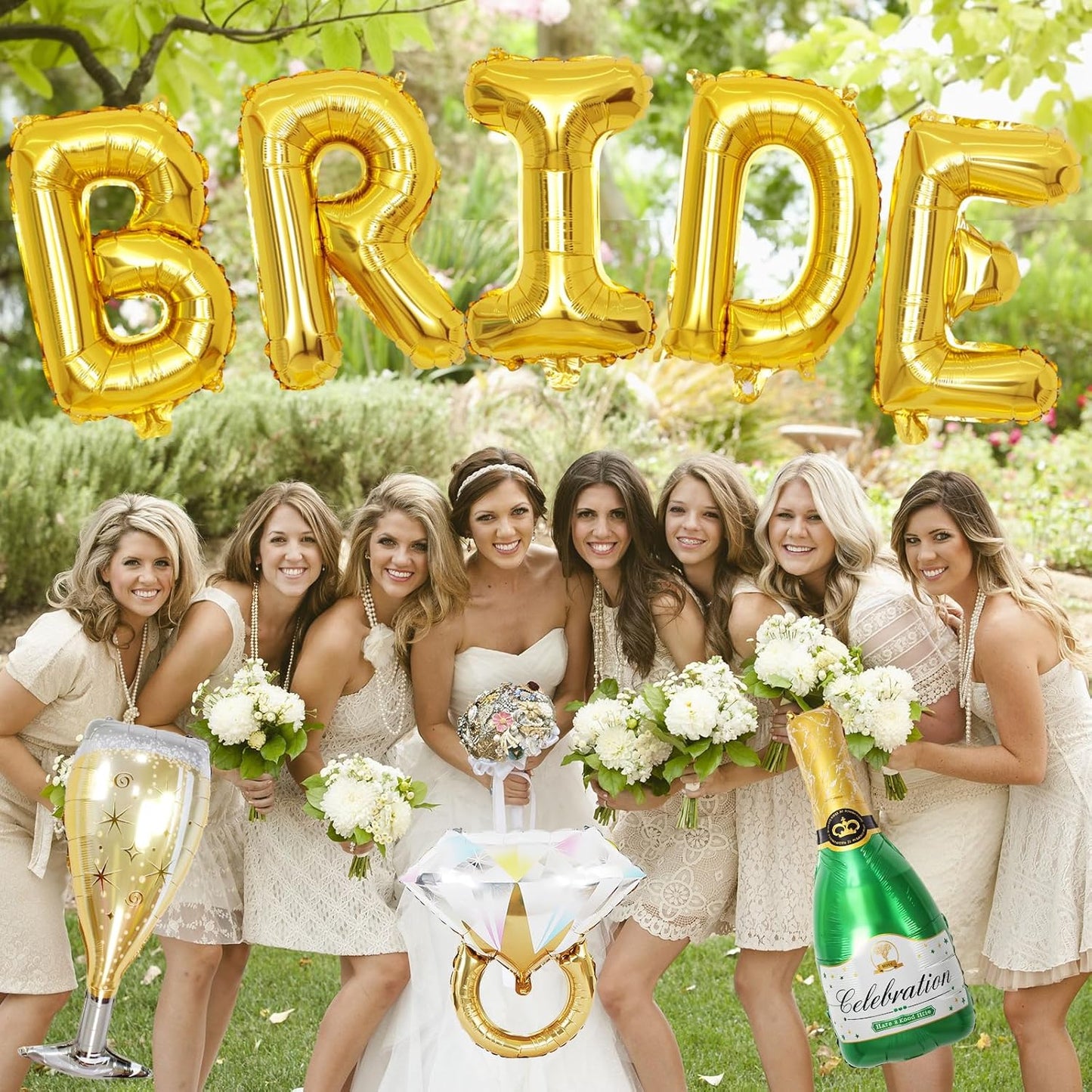 40inch Bride Balloons Gold Letters Banner, Bachelorette Party Decorations Set with Diamond Ring Champagne Bottle Balloon Glass Foil Balloon for Gold Bachelorette Engagement Wedding Bridal Shower Decor
