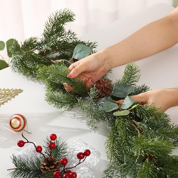 XunYee 6 Feet Christmas Cedar Garland, Realistic Pine Needles Garland with Cones and Eucalyptus Leaves, Artificial Greenery for Mantle, Stair, Doorway, or Xmas Holiday Decoration