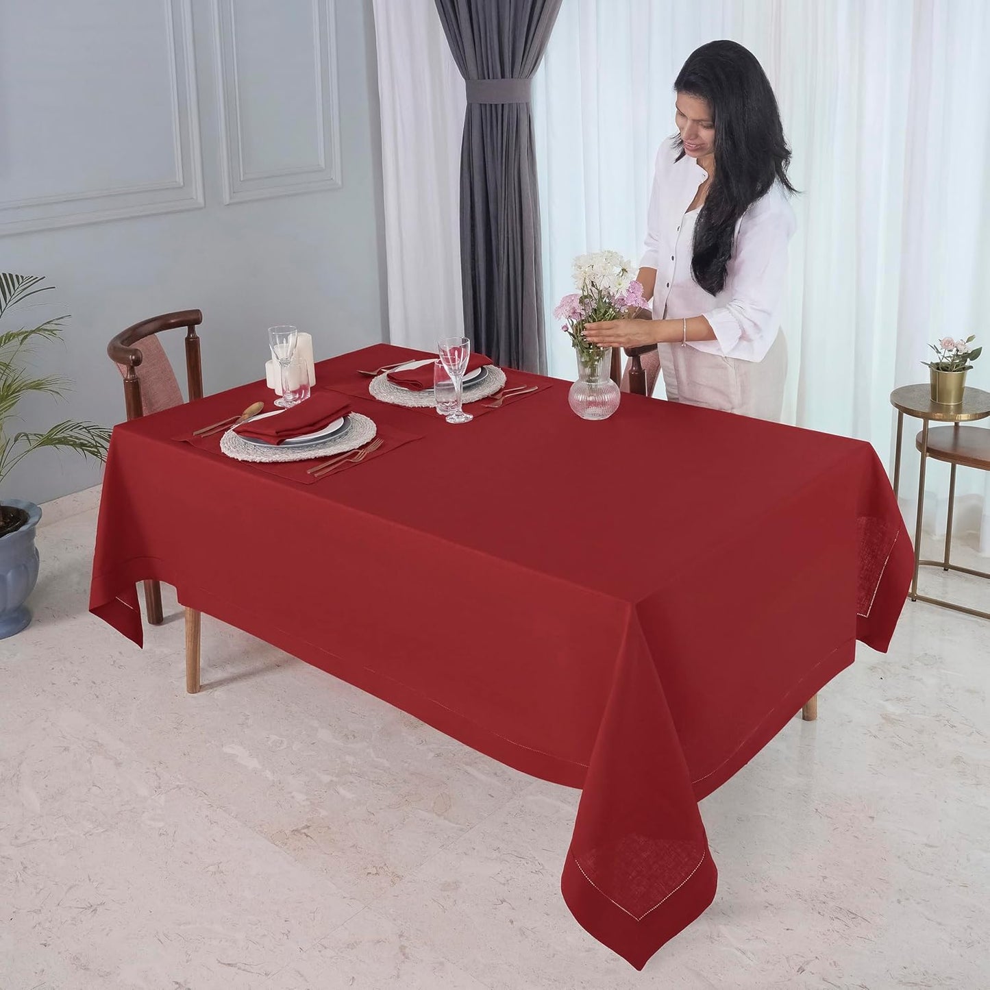 D'Moksha Homes Red Linen Tablecloth 60 x 108 Inch - 100% Pure Linen Red Table Cloth for Rectangle Tables - Classic Hemstitch, Machine Washable Tablecloth for Fall, Thanksgiving, Christmas, Holiday