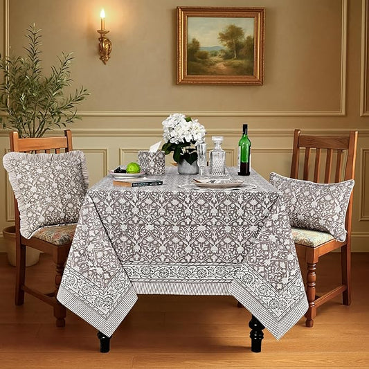 Ridhi Hand Block Print Taupe Rectangle Cotton Tablecloth 118" x 70" Reusable Table Cover Decorative Everyday Use for Dining, Farmhouse, Home Gift for Spring, Easter, Valentine
