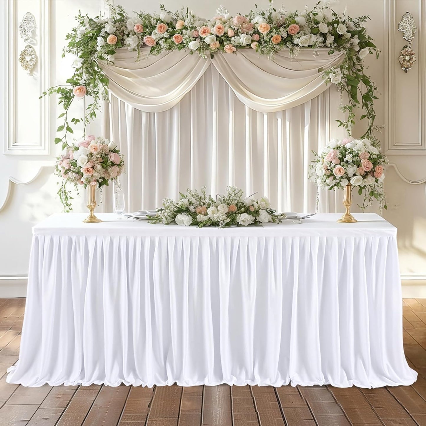 White Table Skirts for Rectangle Tables 6ft Polyester Pleated Table Skirt Desk Skirts Ruffle Table Skirt Tablecloth for Wedding Birthday Party Baby Bridal Shower Banquet Table Decoration