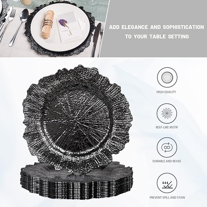 MAONAME 13" Black Charger Plates, Round Reef Chargers for Dinner Plates, Plastic Plate Chargers for Table Setting, Wedding Decor, Set of 12