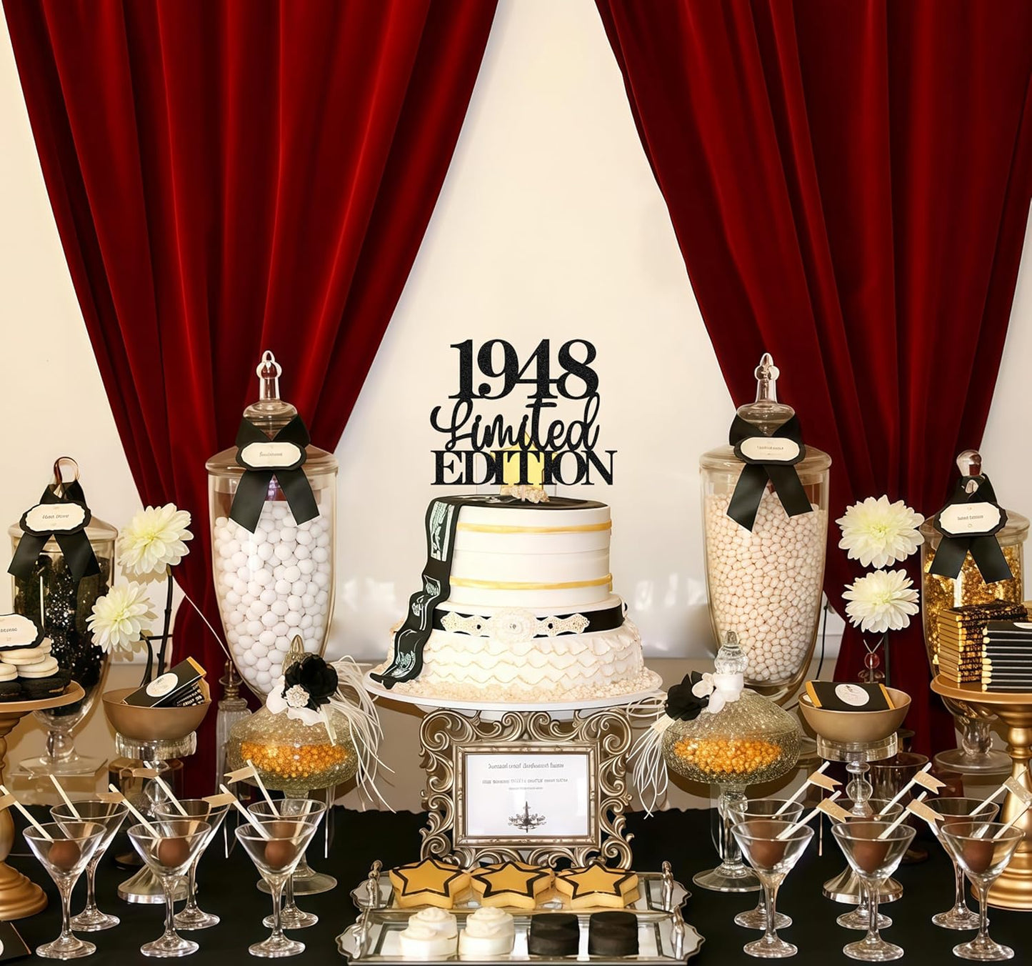 Limited EDITION 1948 Cake Topper - Black Glitter Happy 77th Birthday Party Cake Decoration Supplies, Cheer to 77 Years Cake Bunting Decor for 77th Birthday Party Photo Booth Props
