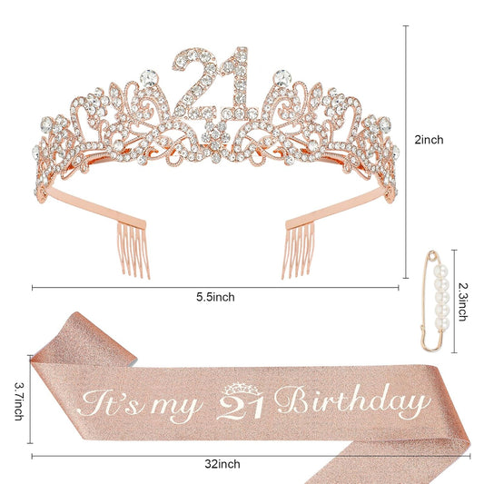 Semato 21st Birthday Decorations for Her - 21st Birthday Sash and Crown Kit for Girls Decorations 21st Tiara Party Favors