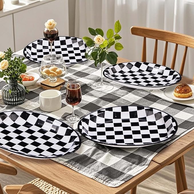 Grencian 50Pcs Black & White Gingham Oval Paper Plates Checkered Party Plates 10" X 12" Disposable 400GSM Race Car Dessert Dinnerware for Racing Car Party Supplies Birthday Baby Shower Decorations