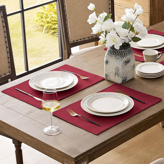 Romanstile Cloth Placemats Set of 4-12 x 18 Inch, Heat Resistant Double Layered Thickened Burlap Christmas Place Mats, Washable Faux Linen Farmhouse Table Mats for Kitchen/Dining/Party/Outdoor, Red