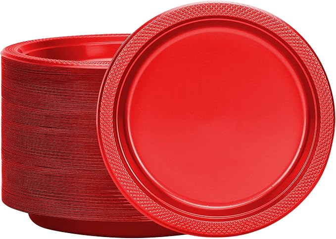 Hanna K. Signature Collection Red Plastic Plates 9 Inch - 600 count Solid Round Party For Weddings, BBQs, Birthday Disposable Dessert (84090 (case))