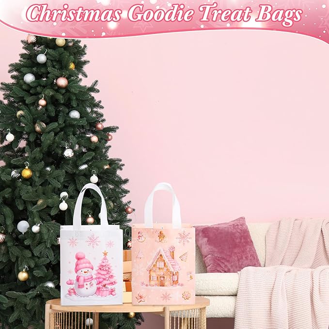 Wovnet 30 Pcs Pink Christmas Gift Bags Bulk Snowman Winter Goodie Bags with Handles Xmas Reusable Non Woven Treat Tote Shopping Merchandise Pouch for Gift Wrapping Party Favors 10 x 8 x 4in