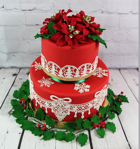 Global Sugar Art Small Poinsettia Christmas Kit Sugar Cake Flowers & Holly Leaf Sprays, 3 Piece set by Chef Alan Tetreault. Christmas & Holiday Cakes, Yule Logs & Gingerbread Houses