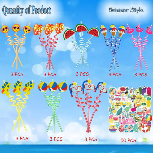 74Pcs Drinking Straws & Stickers Set,Summer Pool Beach Party Favors,Beach Theme Party Decorations Supplies Hawaiian Birthday Goodie Bag Stuffers
