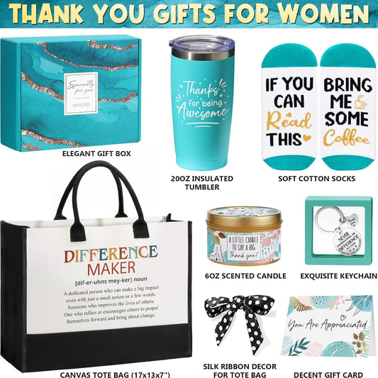 Thank You Gifts for Women, Employee Appreciation Gifts for Coworkers Office Gift, Farewell Christmas Thank You Gift Baskets for Employees Teacher Nurse Boss Day Hostess Mom Her with Canvas Tote Bag