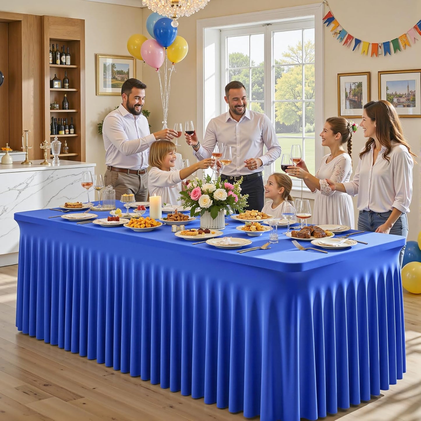 6 Packs Royal Blue Tableclothes for 6 Foot Rectangle Table, Wrinkle Free Spandex Tablecovers 6FT Stretch Fitted Table Cloth with Skirt for Birthday Parties Graduations Event Wedding Banquet